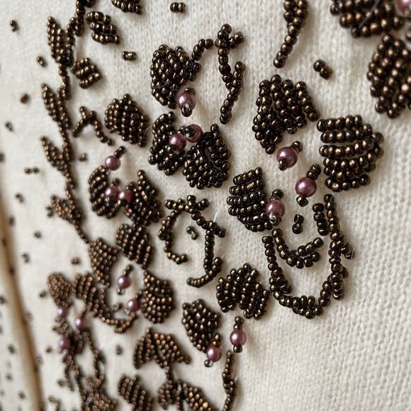 New NOS NWT Vintage 50s Beaded Pearl Button Cardigan Ivory Brown Wool S 40 - Picture 6 of 10